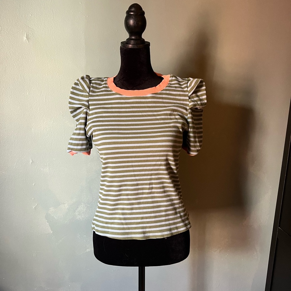 Maeve Olive and Coral Striped Puff Sleeve Top